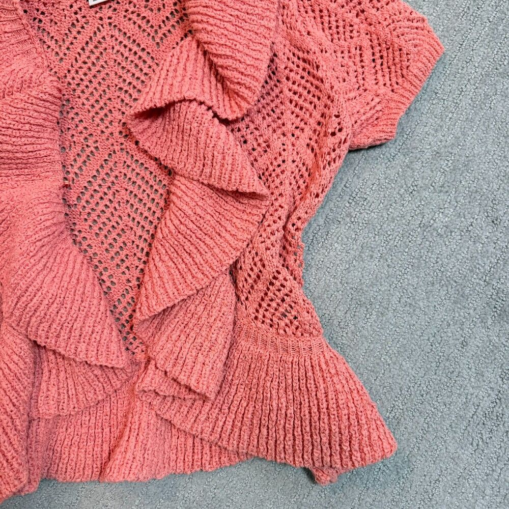 Ruby Rd Petite PM Pink Open Knit Ruffle Cardigan Crochet Boho Cottagecore - Picture 5 of 5